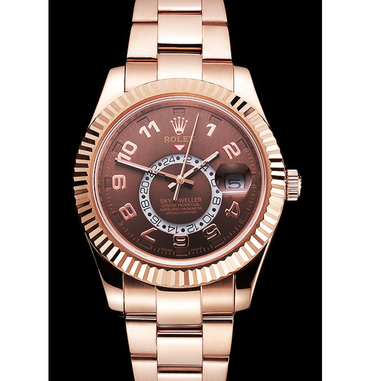 AAA replica watch Brown Case Rose Dweller Gold Dial Rolex Ad Sky Bracelet 0629